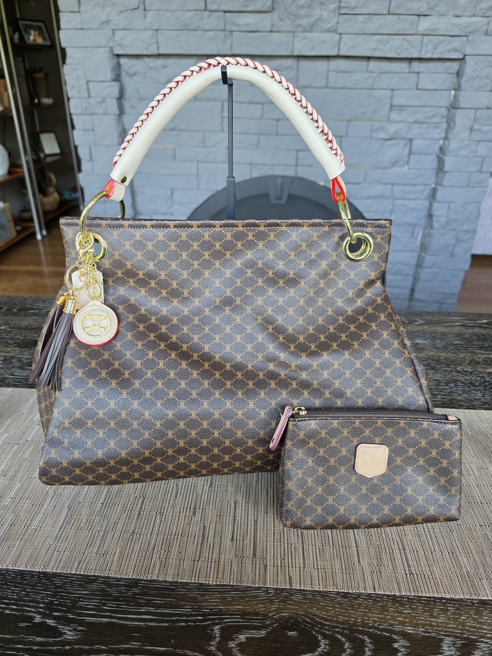 Brown Patterned Tote Bag with Wrist Pouch - Brown